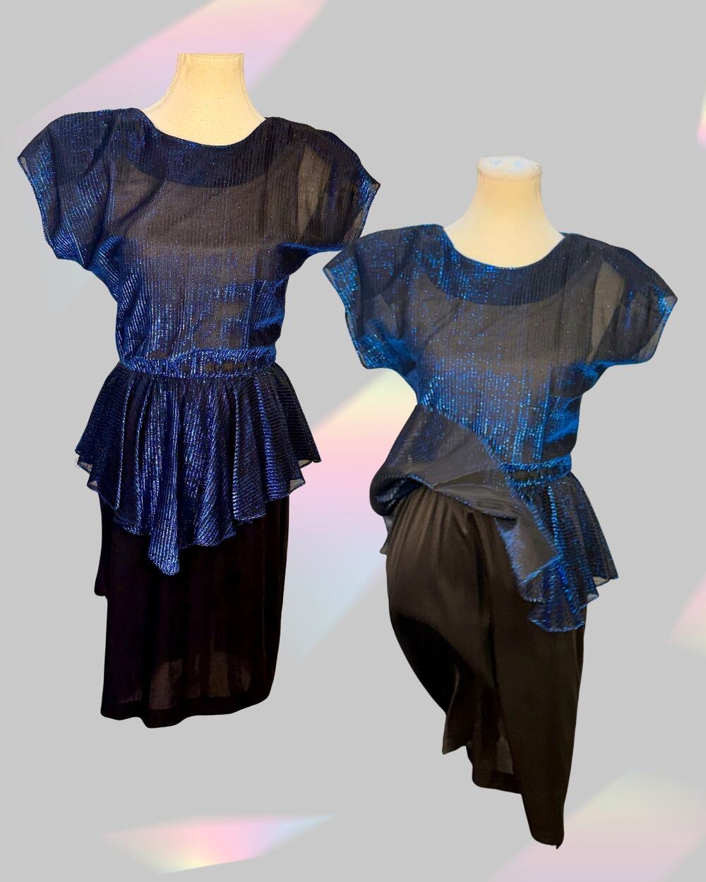 Vintage 80s Diamonds Run Disco Sheer Blue Black Metallic Peplum Bodice Size 5/6